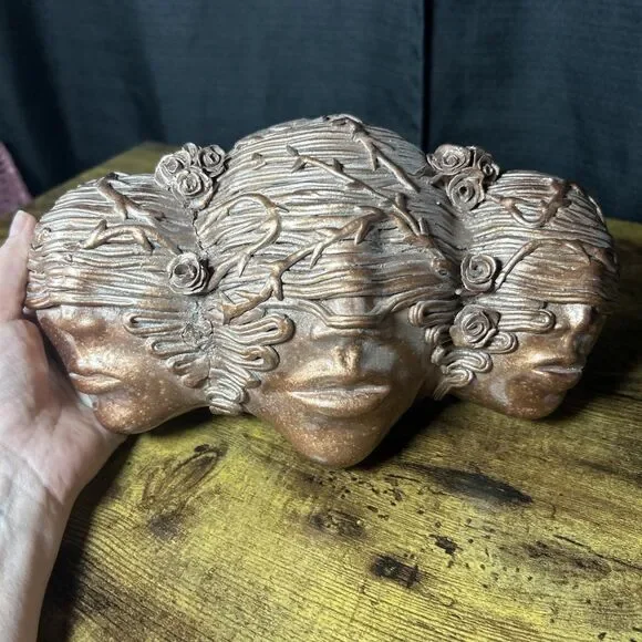 Sculptural Wall Art 3 Faces Blinded Rose Vines Hair Bronze Color Unity Entangle - Picture 2 of 11